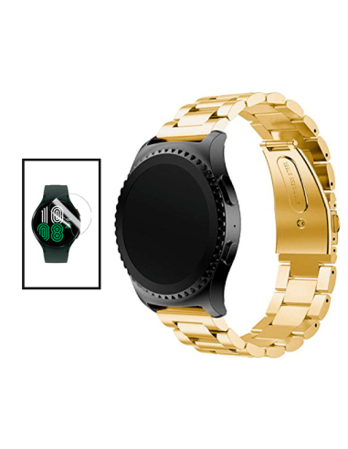 Kit Bracelete Aço Stainless Lux + Ferramenta + Película de Gel Full Cover para Huawei Watch GT Runner - Ouro / Transparente