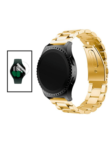 Kit Bracelete Aço Stainless Lux + Ferramenta + Película de Gel Full Cover para Realme Watch 2 Pro - Ouro / Transparente