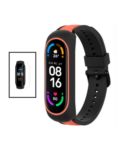 Kit Bracelete SmoothSilicone Premium Com Fivela + Película de Hydrogel para Xiaomi Mi Band 5 - Preto Laranja