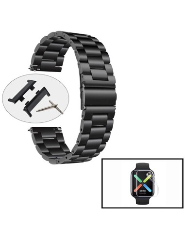 Kit Bracelete Aço Stainless Lux + Ferramenta + Película Protectora Ecrã Gel Full Cover para Oppo Watch 41mm - Preto