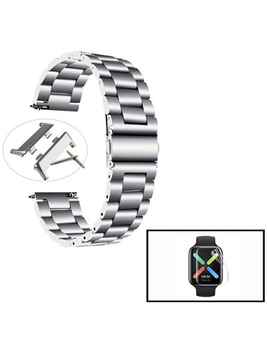 Kit Bracelete Aço Stainless Lux + Ferramenta + Película Protectora Ecrã Gel Full Cover para Oppo Watch 46mm - Cinza