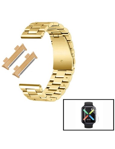 Kit Bracelete Aço Stainless Lux + Ferramenta + Película Protectora Ecrã Gel Full Cover para Oppo Watch 46mm - Ouro