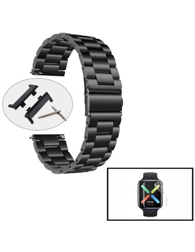 Kit Bracelete Aço Stainless Lux + Ferramenta + Película Protectora Ecrã Gel Full Cover para Oppo Watch 46mm - Preto