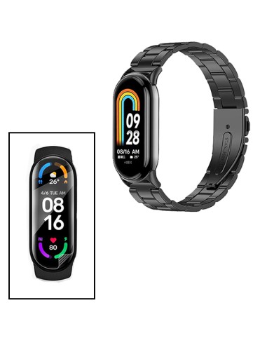 Kit Bracelete Aço Stainless Lux + Ferramenta + Película Protectora Ecrã Gel Full Cover para Xiaomi Mi Band 8 - Preto