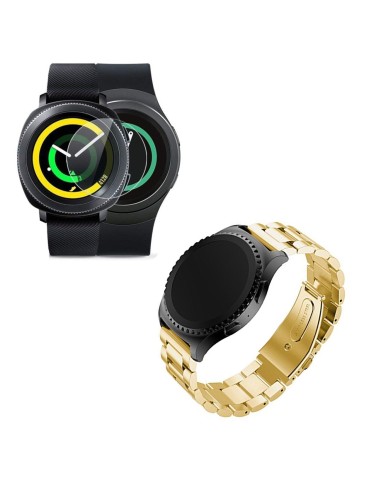 Kit Bracelete Aço Stainless Lux + Ferramenta + Película Protectora Ecrã Vidro para Samsung Gear S3 Frontier - Ouro