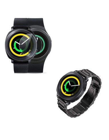 Kit Bracelete Aço Stainless Lux + Ferramenta + Película Protectora Ecrã Vidro para Samsung Gear S3 Frontier - Preto