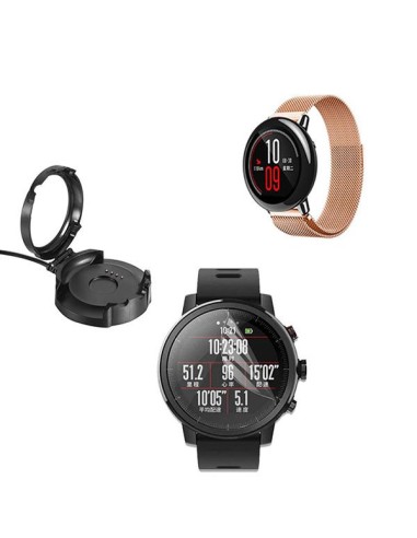 Kit Bracelete Milanese Loop Fecho Magnético + Carregador Usb Charger + Película Protectora Ecrã Gel Full Cover para AmazFit Pace