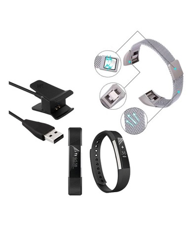 Kit Bracelete Milanese Loop Fecho Magnético + Carregador Usb Charger + Película Protectora Ecrã Gel Full Cover para Fitbit Alta 