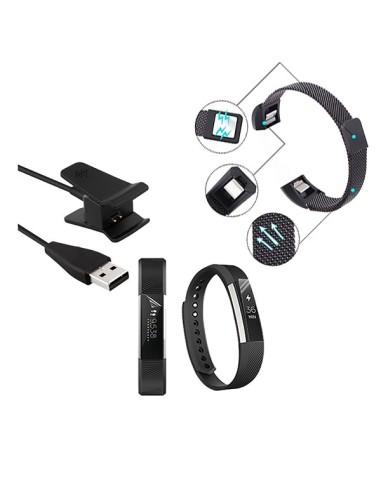 Kit Bracelete Milanese Loop Fecho Magnético + Carregador Usb Charger + Película Protectora Ecrã Gel Full Cover para Fitbit Alta 