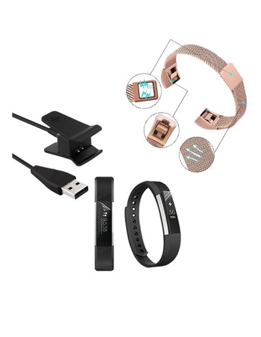 Kit Bracelete Milanese Loop Fecho Magnético + Carregador Usb Charger + Película Protectora Ecrã Gel Full Cover para Fitbit Alta 