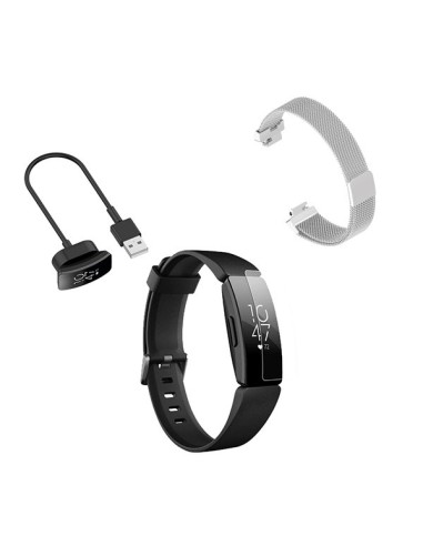 Kit Bracelete Milanese Loop Fecho Magnético + Carregador Usb Charger + Película Protectora Ecrã Gel Full Cover para Fitbit Inspi