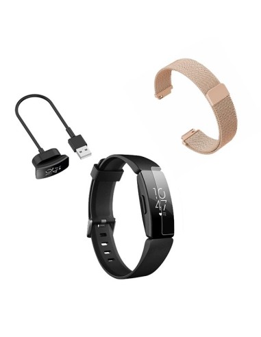 Kit Bracelete Milanese Loop Fecho Magnético + Carregador Usb Charger + Película Protectora Ecrã Gel Full Cover para Fitbit Inspi