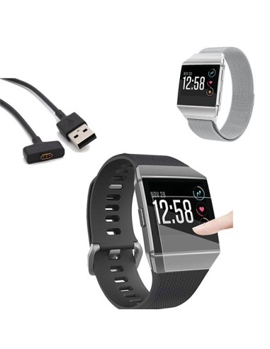 Kit Bracelete Milanese Loop Fecho Magnético + Carregador Usb Charger + Película Protectora Ecrã Gel Full Cover para Fitbit Ionic