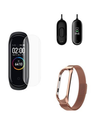 Kit Bracelete Milanese Loop Fecho Magnético + Carregador Usb Charger + Película Protectora Ecrã Gel Full Cover para Xiaomi Mi Ba