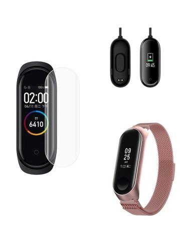 Kit Bracelete Milanese Loop Fecho Magnético + Carregador Usb Charger + Película Protectora Ecrã Gel Full Cover para Xiaomi Mi Ba