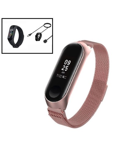 Kit Bracelete Milanese Loop Fecho Magnético + Carregador Usb Charger + Película Protectora Ecrã Gel Full Cover para Xiaomi Mi Ba