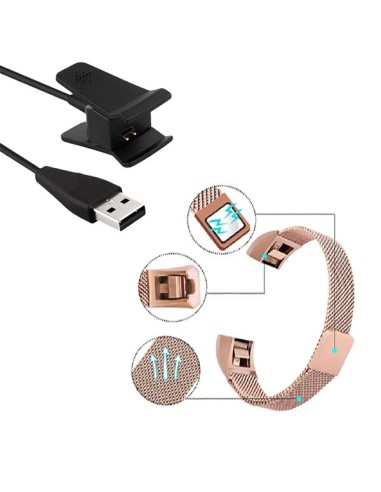 Kit Bracelete Milanese Loop Fecho Magnético + Carregador Usb Charger para Fitbit Alta - Rosa