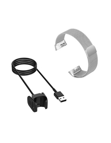 Kit Bracelete Milanese Loop Fecho Magnético + Carregador Usb Charger para Fitbit Charge 3 - Cinza