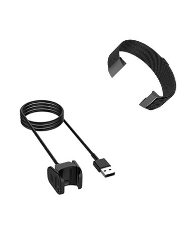 Kit Bracelete Milanese Loop Fecho Magnético + Carregador Usb Charger para Fitbit Charge 3 - Preto