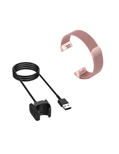Kit Bracelete Milanese Loop Fecho Magnético + Carregador Usb Charger para Fitbit Charge 3 - Rosa