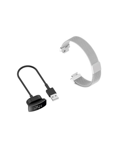 Kit Bracelete Milanese Loop Fecho Magnético + Carregador Usb Charger para Fitbit Inspire HR - Cinza