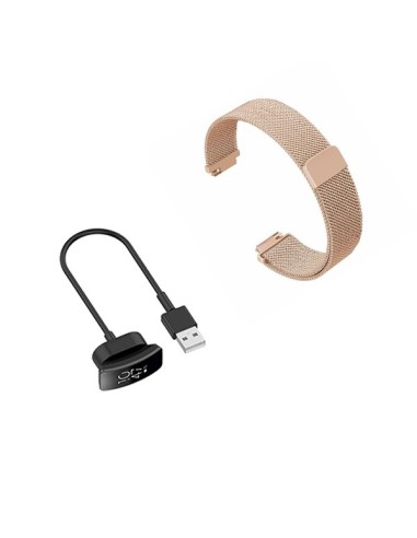 Kit Bracelete Milanese Loop Fecho Magnético + Carregador Usb Charger para Fitbit Inspire HR - Rosa