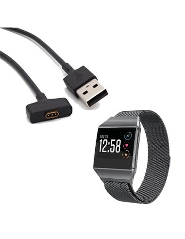 Kit Bracelete Milanese Loop Fecho Magnético + Carregador Usb Charger para Fitbit Ionic - Preto