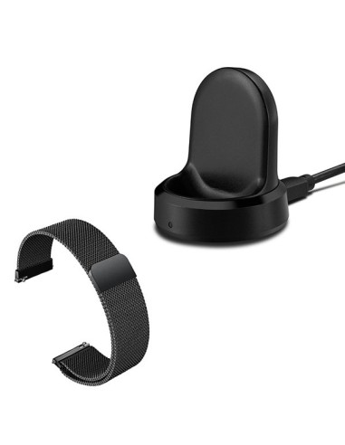 Kit Bracelete Milanese Loop Fecho Magnético + Carregador Usb Charger para Samsung Gear Sport - Preto