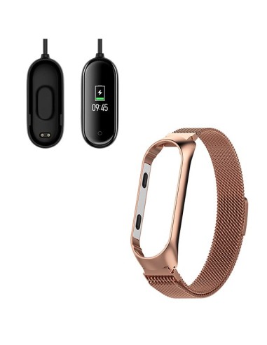 Kit Bracelete Milanese Loop Fecho Magnético + Carregador Usb Charger para Xiaomi Mi Band 4 - Ouro Rosa