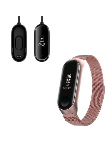 Kit Bracelete Milanese Loop Fecho Magnético + Carregador Usb Charger para Xiaomi Mi Band 4 - Rosa