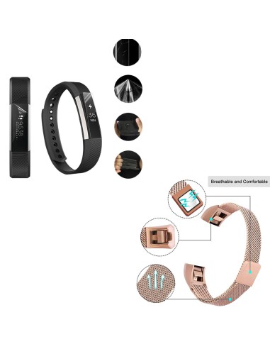 Kit Bracelete Milanese Loop Fecho Magnético + Película Protectora Ecrã Gel Full Cover para Fitbit Alta - Rosa