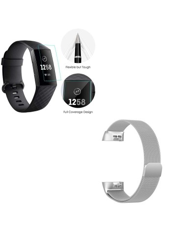 Kit Bracelete Milanese Loop Fecho Magnético + Película Protectora Ecrã Gel Full Cover para Fitbit Charge 3 - Cinza