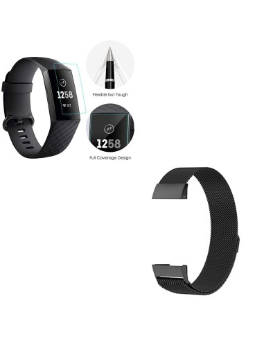 Kit Bracelete Milanese Loop Fecho Magnético + Película Protectora Ecrã Gel Full Cover para Fitbit Charge 3 - Preto