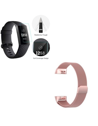 Kit Bracelete Milanese Loop Fecho Magnético + Película Protectora Ecrã Gel Full Cover para Fitbit Charge 3 - Rosa