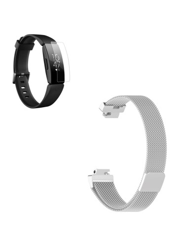Kit Bracelete Milanese Loop Fecho Magnético + Película Protectora Ecrã Gel Full Cover para Fitbit Inspire - Cinza