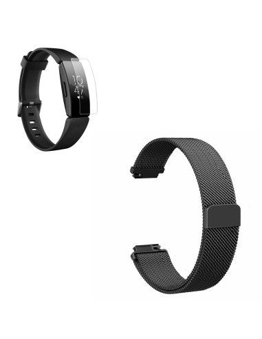 Kit Bracelete Milanese Loop Fecho Magnético + Película Protectora Ecrã Gel Full Cover para Fitbit Inspire - Preto