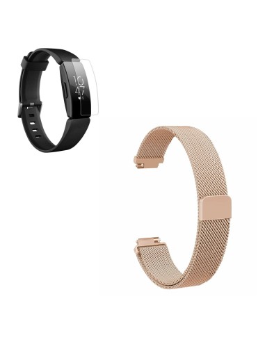 Kit Bracelete Milanese Loop Fecho Magnético + Película Protectora Ecrã Gel Full Cover para Fitbit Inspire HR - Rosa