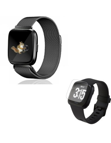 Kit Bracelete Milanese Loop Fecho Magnético + Película Protectora Ecrã Gel Full Cover para Fitbit Versa - Preto