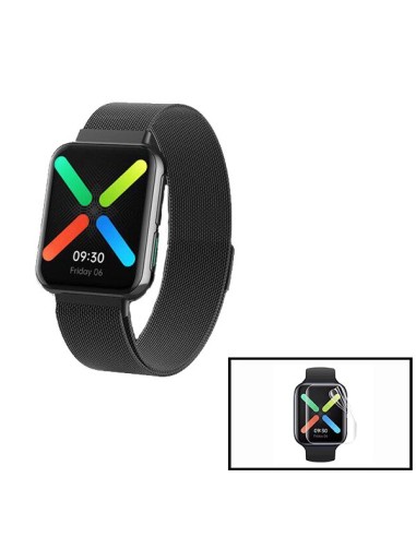 Kit Bracelete Milanese Loop Fecho Magnético + Película Protectora Ecrã Gel Full Cover para Oppo Watch 41mm - Preto