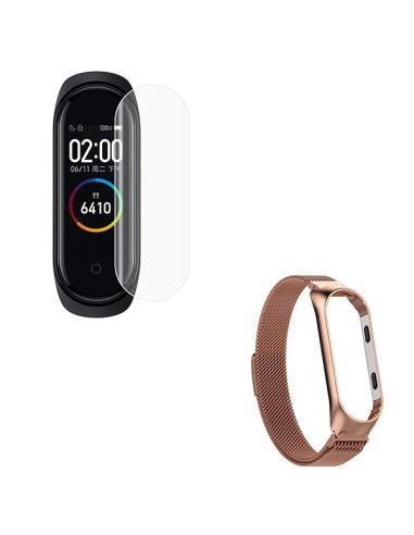 Kit Bracelete Milanese Loop Fecho Magnético + Película Protectora Ecrã Gel Full Cover para Xiaomi Mi Band 4 - Ouro Rosa