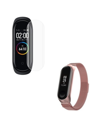 Kit Bracelete Milanese Loop Fecho Magnético + Película Protectora Ecrã Gel Full Cover para Xiaomi Mi Band 4 - Rosa