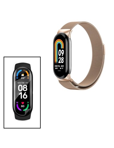 Kit Bracelete Milanese Loop Fecho Magnético + Película Protectora Ecrã Gel Full Cover para Xiaomi Mi Band 8 - Ouro Rosa