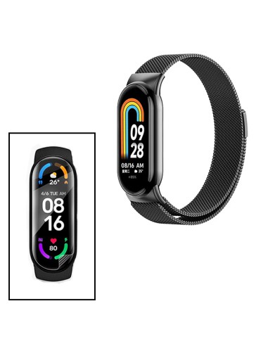 Kit Bracelete Milanese Loop Fecho Magnético + Película Protectora Ecrã Gel Full Cover para Xiaomi Mi Band 8 - Preto