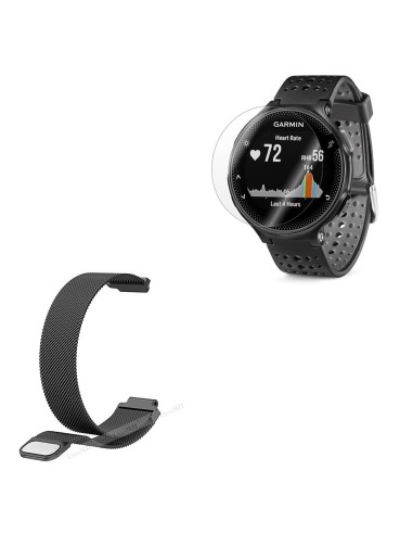 Kit Bracelete Milanese Loop Fecho Magnético + Película Protectora Ecrã Vidro para Garmin Forerunner 230 - Preto