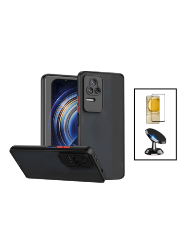 Kit Capa Anti Choque Camera Protection + Película 5D Full Cover + Suporte Magnético de Carro Xiaomi Poco F4 5G - Preto