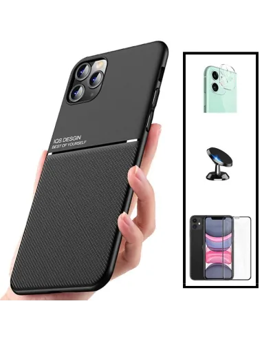 Kit Capa Magnetic Lux + Vidro Full Cover + Película de Câmara + Suporte Magnético para iPhone 11