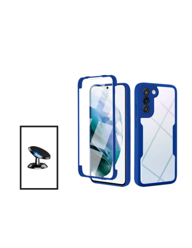 Kit Capa Anti-Crash 360 Protection + Suporte Magnético de Carro para Samsung Galaxy S21 FE 5G - Azul Escuro