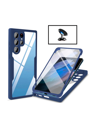Kit Capa Anti-Crash 360 Protection + Suporte Magnético de Carro para Samsung Galaxy S22 Ultra 5G - Azul Escuro