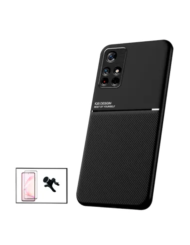 Kit Capa Magnetic Lux + Vidro Full Cover + Suporte Magnético Reforçado para Xiaomi Redmi Note 11S 5G - Preto