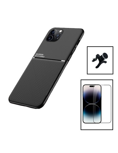 Kit Capa Magnetic Lux + 5D Full Cover + Suporte Magnético de Carro Reforçado para Apple iPhone 15 Pro Max - Preto